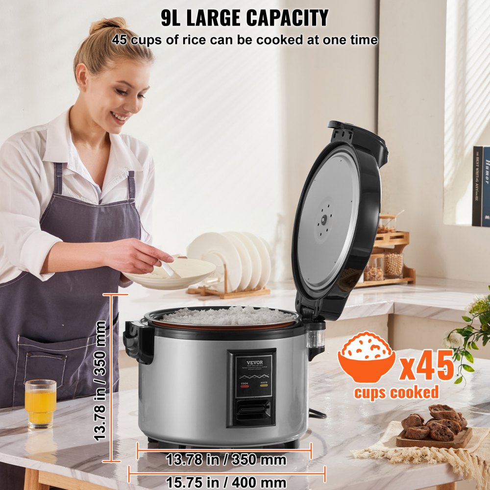 VEVOR Commercial Rice Cooker, 45-Cup Rice Cooker, 9.51 Qt / 9 Liter Large Rice Cooker and Warmer with Nonstick Inner Pot, Fast Cooking and 12-Hour Keep Warm, with Rice Cup and Paddle, for Restaurant