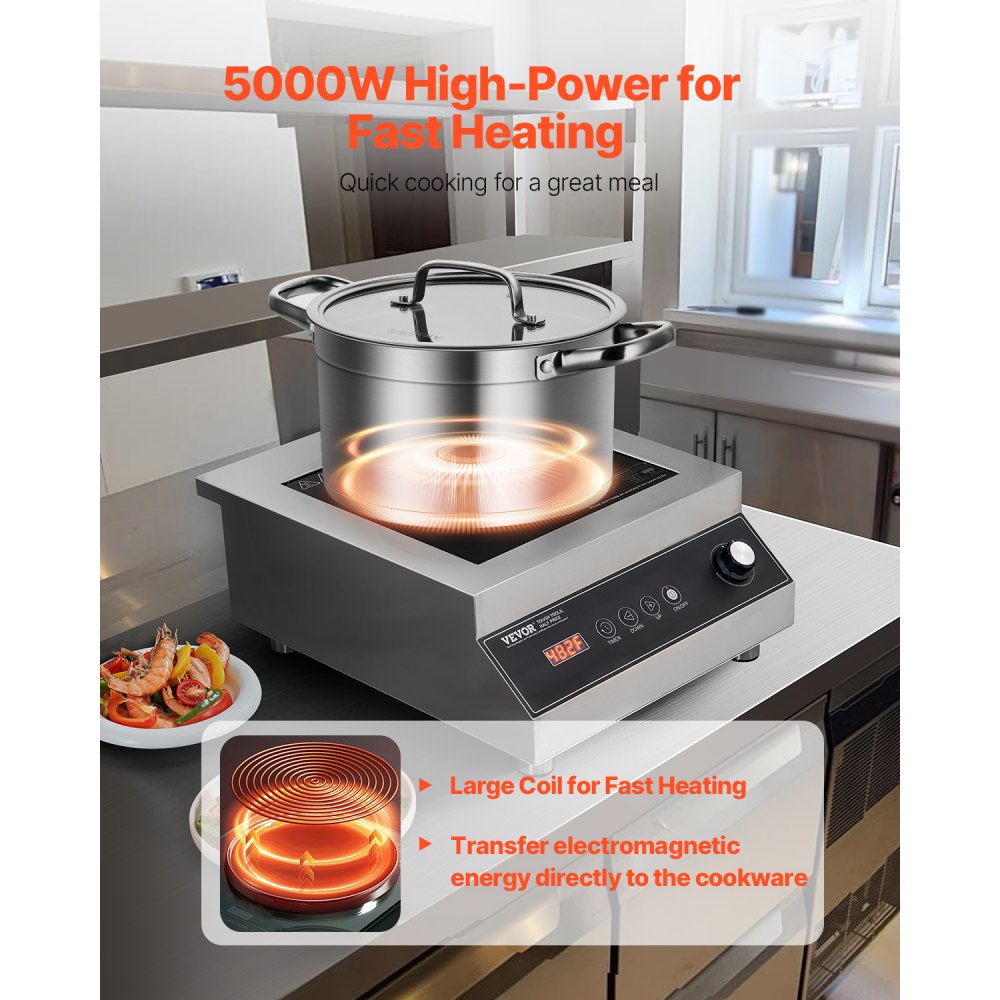 VEVOR Portable Induction Cooktop, 5000W Commercial Induction Burner with 16 Temperature Settings, Stainless Steel Countertop Induction Hot Plate with 4H Timer, Child Lock, for Restaurant Cooking
