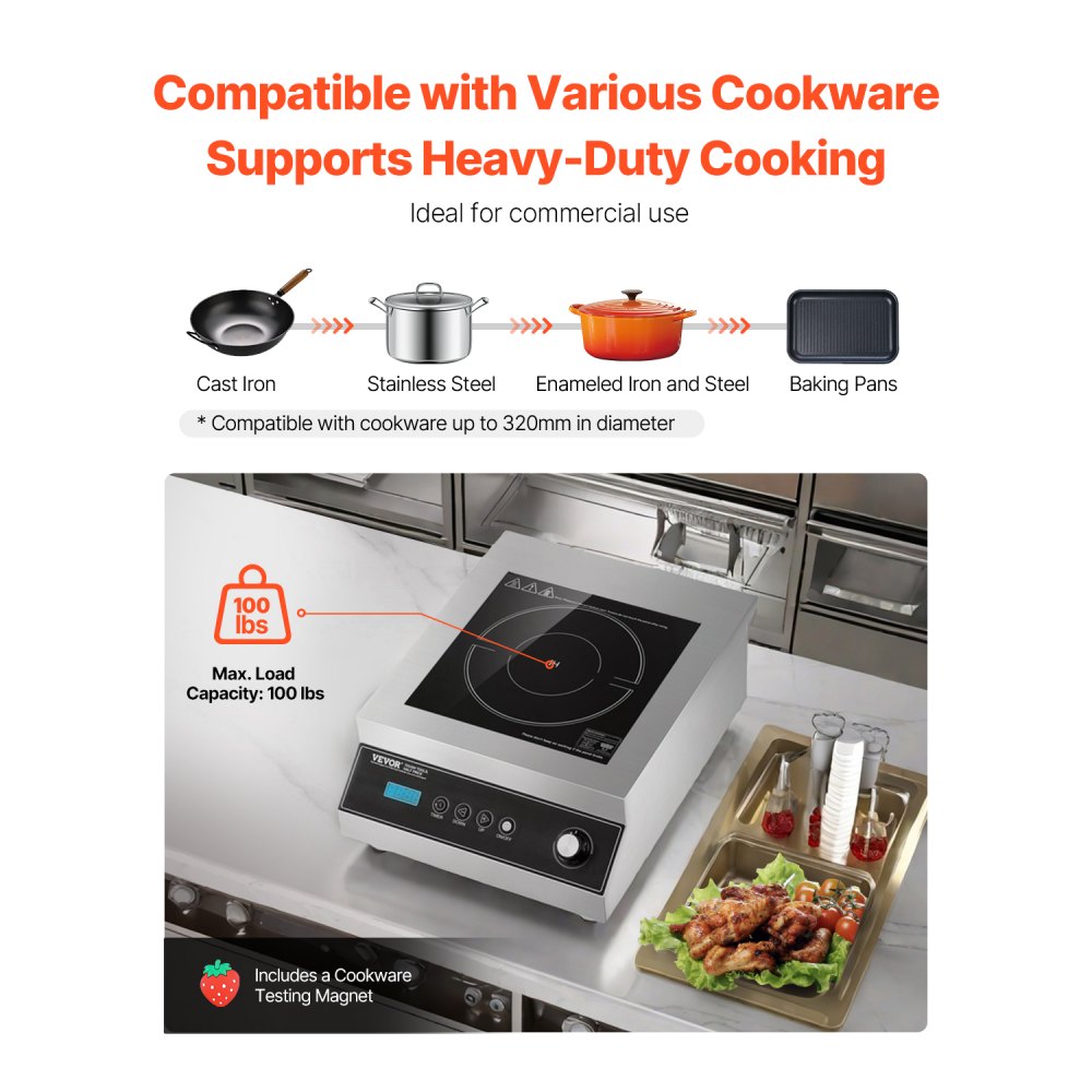 VEVOR Portable Induction Cooktop, 5000W Commercial Induction Burner with 16 Temperature Settings, Stainless Steel Countertop Induction Hot Plate with 4H Timer, Child Lock, for Restaurant Cooking