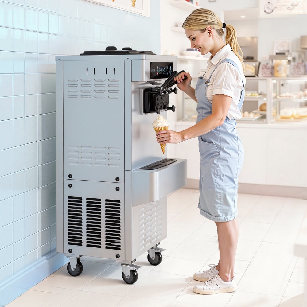 VEVOR Commercial Ice Cream Machine, 20-28L/H Yield, 2200W 3-Flavor Freestanding Soft Serve Ice Cream Maker with 2 x 6L Hoppers & Built-In Puffing Pump, Pre-Cooling Low-Mix Alert for Snack Dessert Shop