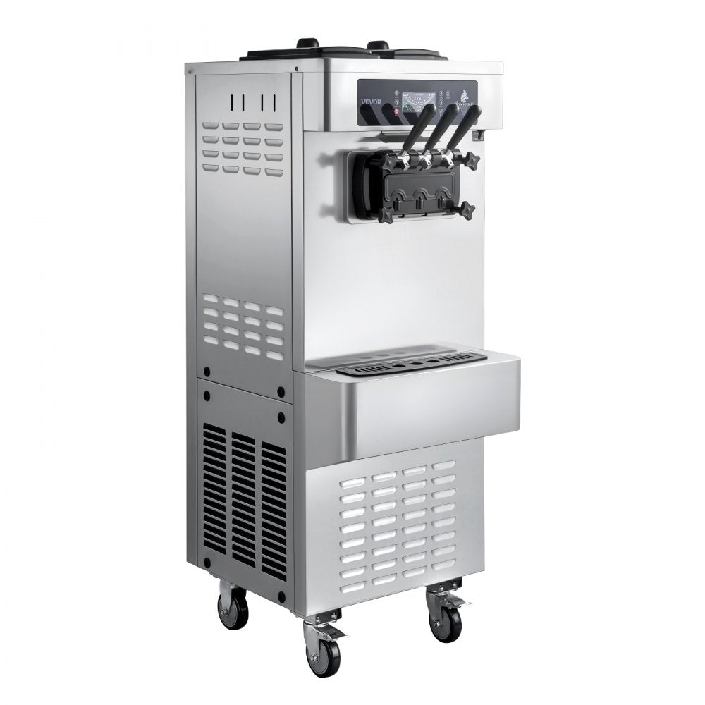 VEVOR Commercial Ice Cream Machine, 20-28L/H Yield, 2200W 3-Flavor Freestanding Soft Serve Ice Cream Maker with 2 x 6L Hoppers & Built-In Puffing Pump, Pre-Cooling Low-Mix Alert for Snack Dessert Shop