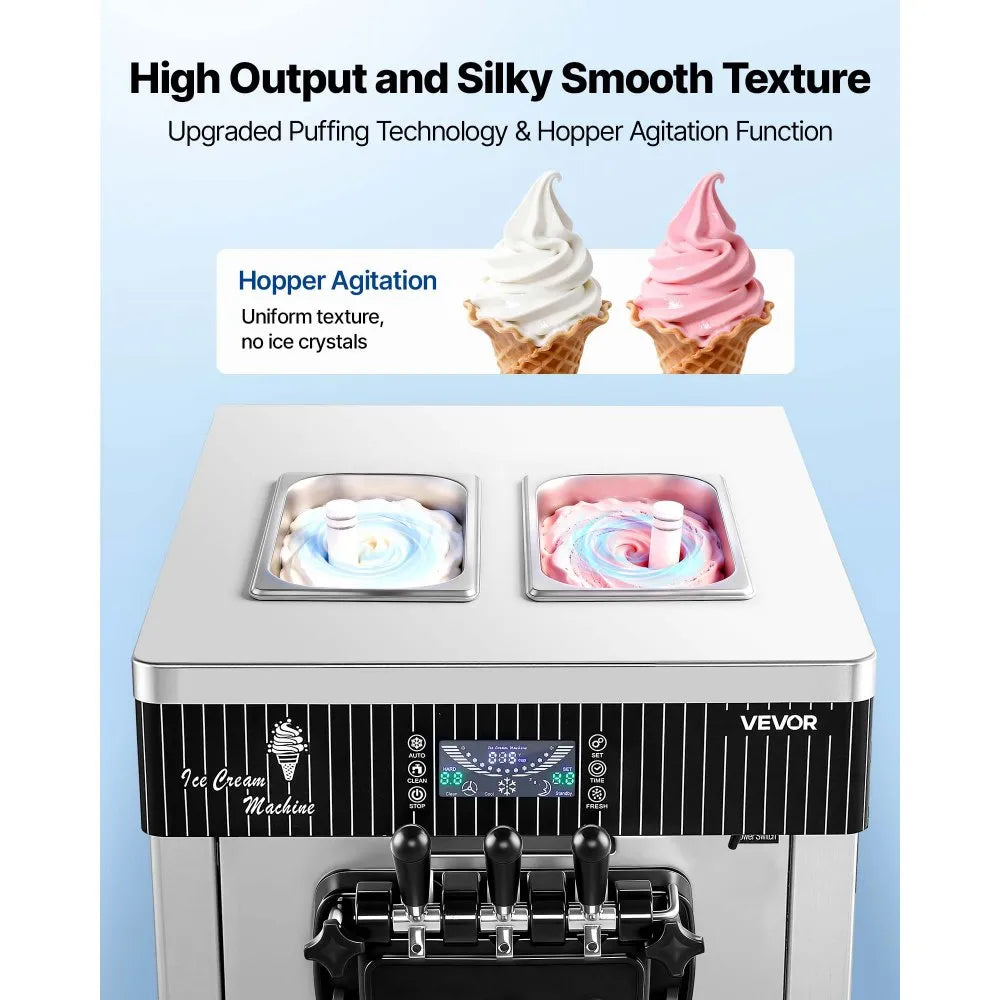 VEVOR Commercial Ice Cream Machine, 20-28L/H Yield, 2200W 3-Flavor Countertop Soft Serve Ice Cream Maker with 2 x 6L Hoppers & Hopper Agitation, Pre-Cooling Self-Cleaning for Snack Dessert Shops