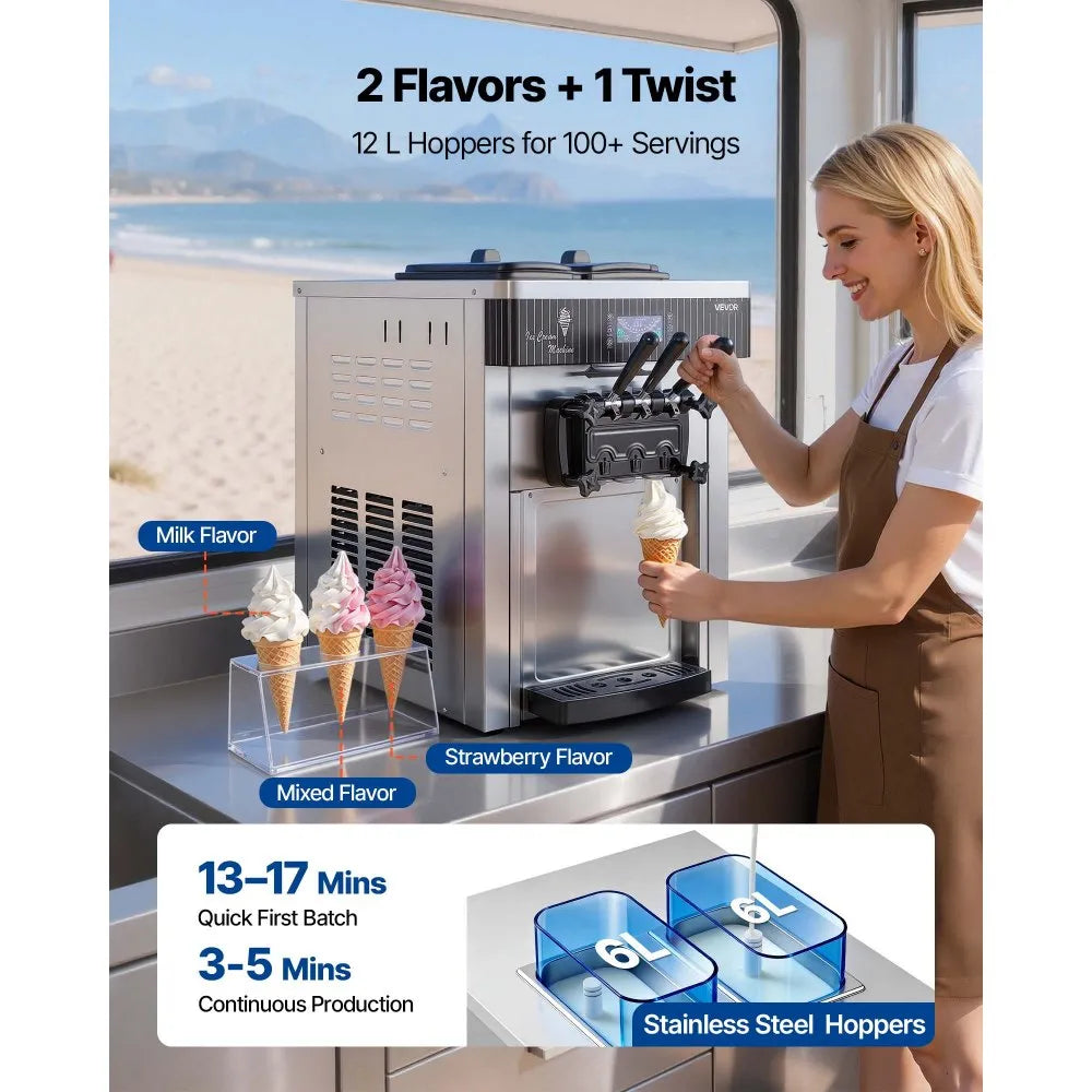 VEVOR Commercial Ice Cream Machine, 20-28L/H Yield, 2200W 3-Flavor Countertop Soft Serve Ice Cream Maker with 2 x 6L Hoppers & Hopper Agitation, Pre-Cooling Self-Cleaning for Snack Dessert Shops