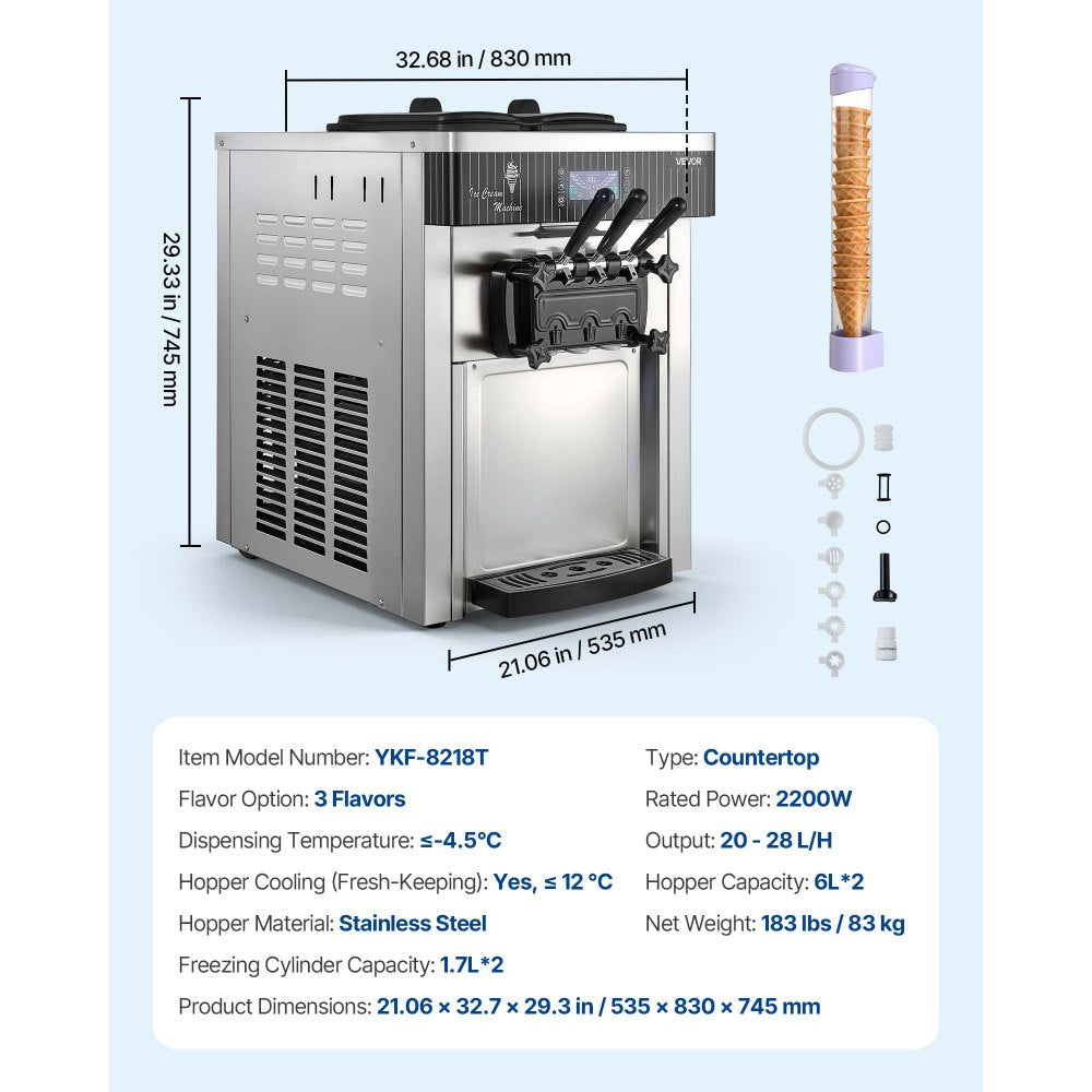 VEVOR Commercial Ice Cream Machine, 20-28L/H Yield, 2200W 3-Flavor Countertop Soft Serve Ice Cream Maker with 2 x 6L Hoppers & Hopper Agitation, Pre-Cooling Self-Cleaning for Snack Dessert Shops