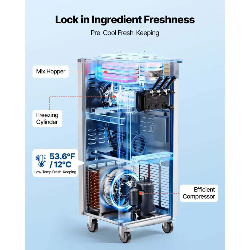 VEVOR Commercial Ice Cream Machine, 20-28L/H Yield, 2200W 3-Flavor Freestanding Soft Serve Ice Cream Maker with 2 x 6L Hoppers & Hopper Agitation, Pre-Cooling Self-Cleaning for Snack Dessert Shops