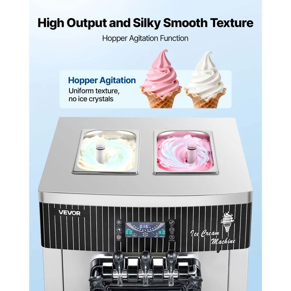 VEVOR Commercial Ice Cream Machine, 20-28L/H Yield, 2200W 3-Flavor Freestanding Soft Serve Ice Cream Maker with 2 x 6L Hoppers & Hopper Agitation, Pre-Cooling Self-Cleaning for Snack Dessert Shops