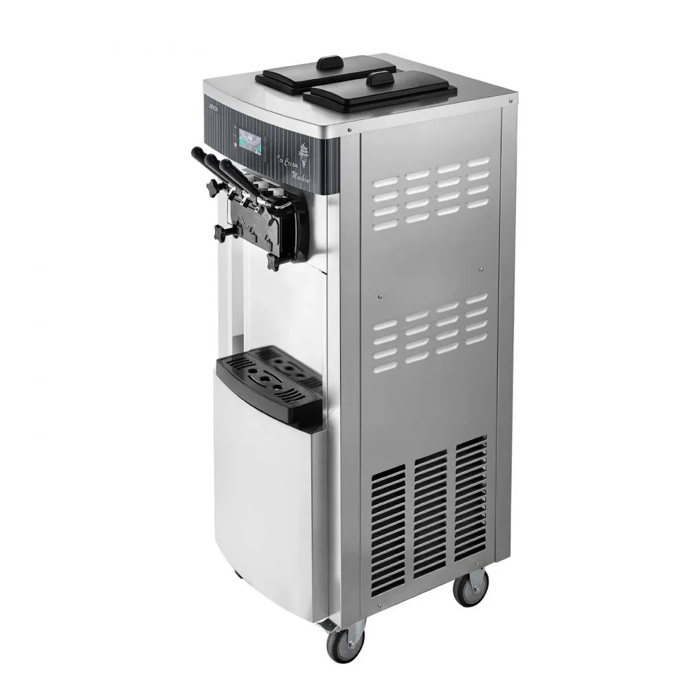 VEVOR Commercial Ice Cream Machine, 20-28L/H Yield, 2200W 3-Flavor Freestanding Soft Serve Ice Cream Maker with 2 x 6L Hoppers & Hopper Agitation, Pre-Cooling Self-Cleaning for Snack Dessert Shops