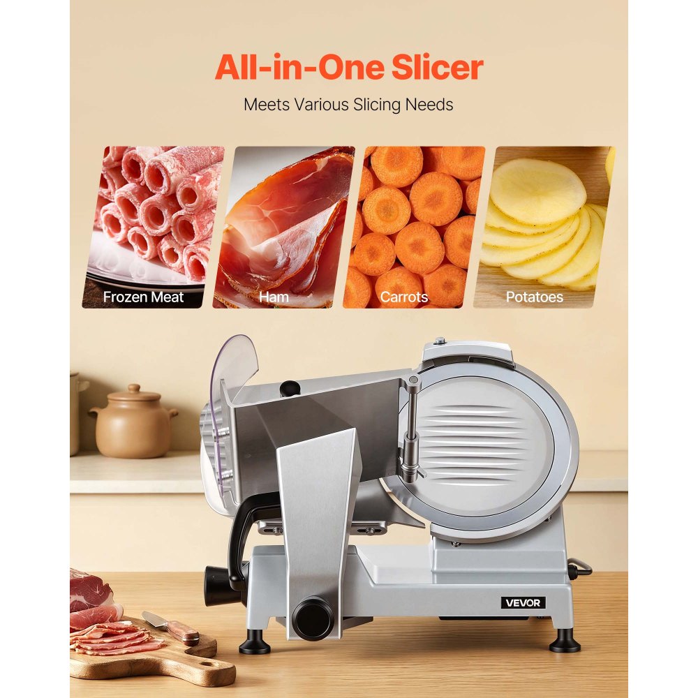 VEVOR 10" Commercial Meat Slicer, 240W Electric Deli Food Slicer with Carbon Steel Blade, Built-In Sharpener & 0-0.47" Adjustable Thickness for Frozen Meat, Ham, Baguett, Steak, UL Approved
