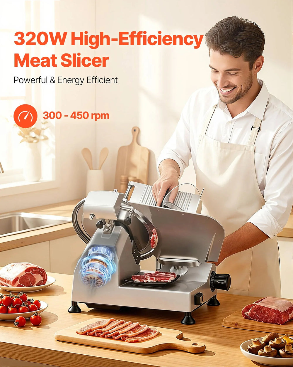 VEVOR Commercial Meat Slicer, 320W Electric Deli Food Slicer with 12" Carbon Steel Blade, Built-In Sharpener & 0-0.6" Adjustable Thickness for Frozen Meat, Ham, Baguett, Steak, UL Approved