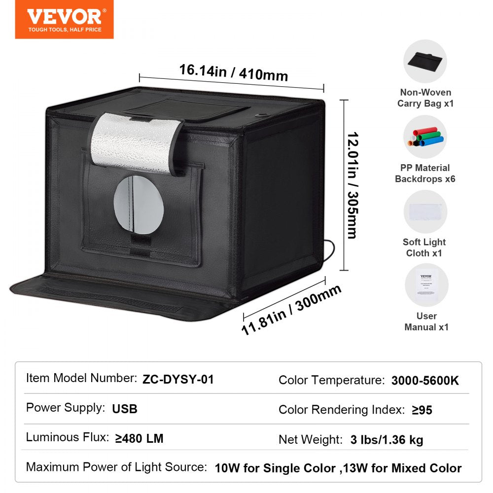 VEVOR Photo Studio Light Box, 12" x 12", 3000-5600K Adjustable 3 Color Temperatures Professional Shooting Tent Kit with 120 LED 6 Backdrops Soft Light Cloth, High CRI ≥ 95 for Small Size Products