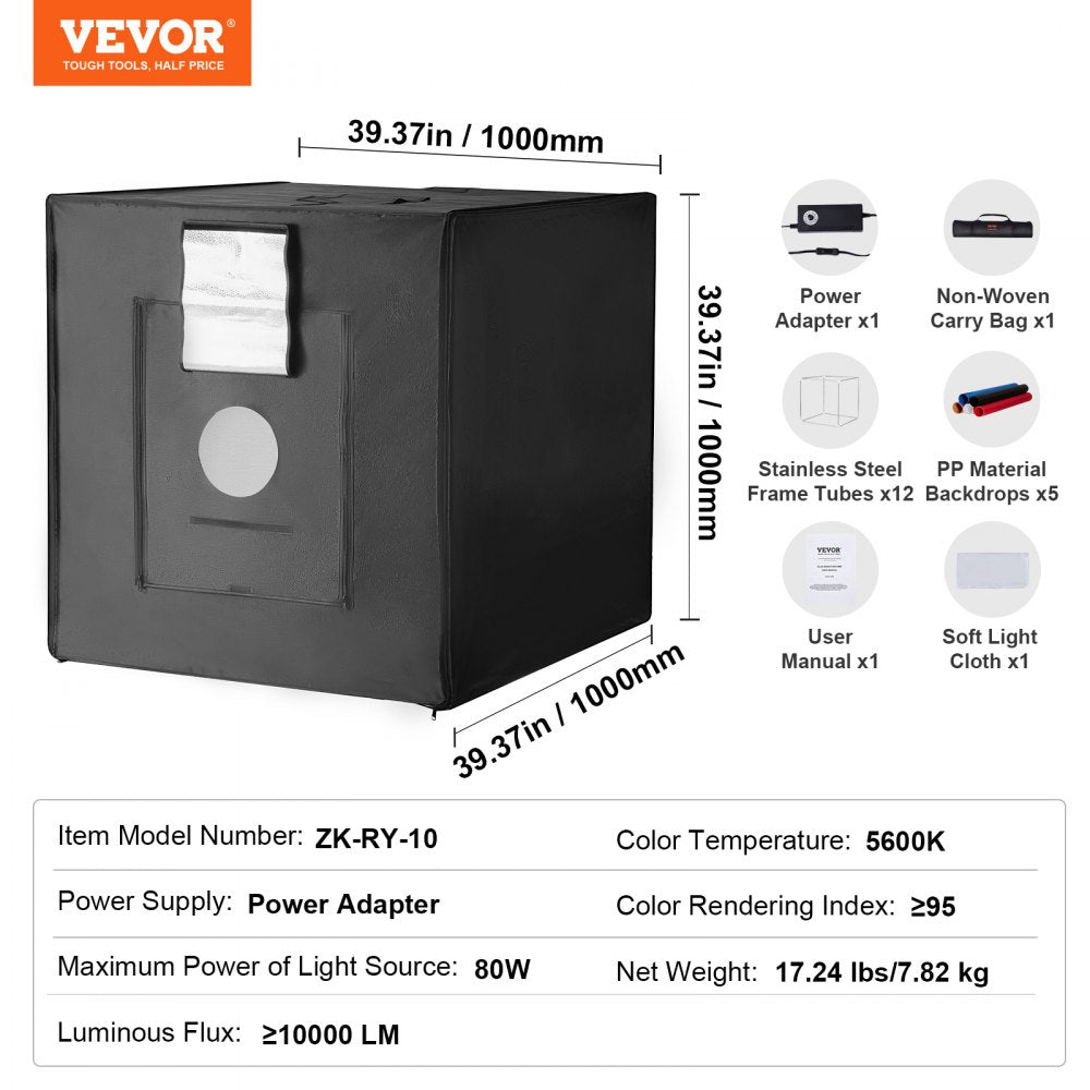 VEVOR Photo Studio Light Box, 39" x 39", 5600K Professional Photo Shooting Tent Kit with 210 LED Lights 5 Backdrops Power Adapter Soft Light Cloth Corner Pieces, High CRI ≥ 95 for Product Photography