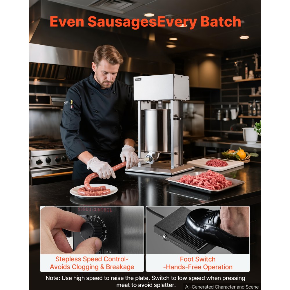 VEVOR Electric Sausage Stuffer 22 lbs Vertical Meat Maker Stainless Steel, for Commercial Use, Stepless Speed Control Meat Stuffer, Sausage Filler Kit, 4 Filling Tubes & Foot Pedal, ETL Approved