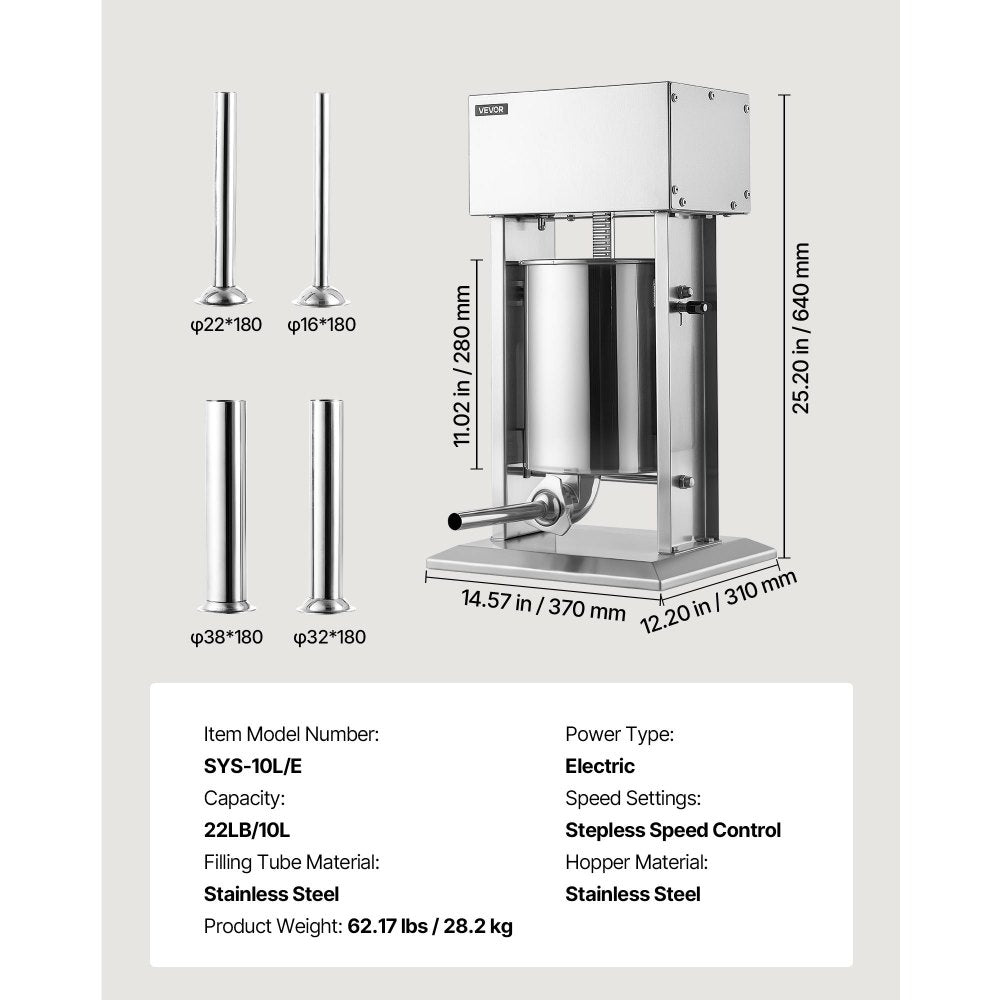VEVOR Electric Sausage Stuffer 22 lbs Vertical Meat Maker Stainless Steel, for Commercial Use, Stepless Speed Control Meat Stuffer, Sausage Filler Kit, 4 Filling Tubes & Foot Pedal, ETL Approved