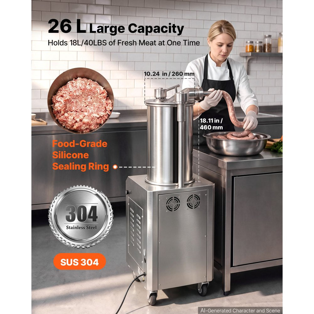VEVOR Hydraulic Automatic Sausage Stuffer 26L Fixed Tank Meat Maker, for Commercial Use, 18L Mixing Meat Capacity, 750W Vertical Meat Stuffer, Stainless Steel Filler Kit, 4 Filling Tubes