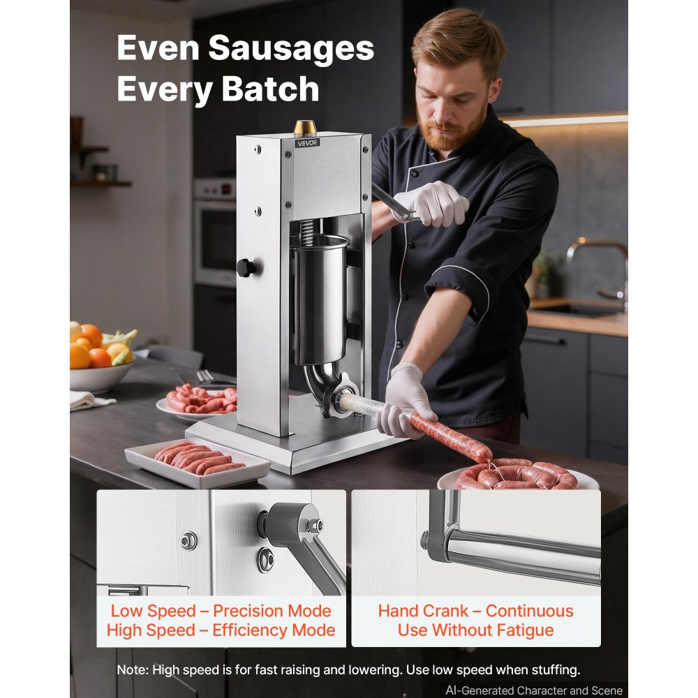 VEVOR Manual Sausage Stuffer 7 lbs/ 3L Vertical Meat Maker Stainless Steel, for Home Camping Outdoor Grill BBQ, Dual-Speed Meat Stuffer, Professional Heavy Duty Sausage Filler Kit, 4 Filling Tubes
