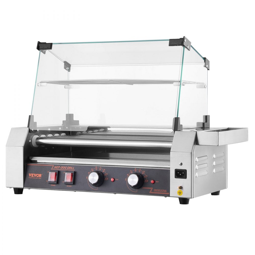 VEVOR Hot Dog Roller, 12 Hot Dog 5 Rollers, Stainless Steel Sausage Grill Cooker, 750W Commercial Hot Dog Machine with Dual Temp Control, Cover, Side Storage Box, Removable Shelf & Oil Drip Tray