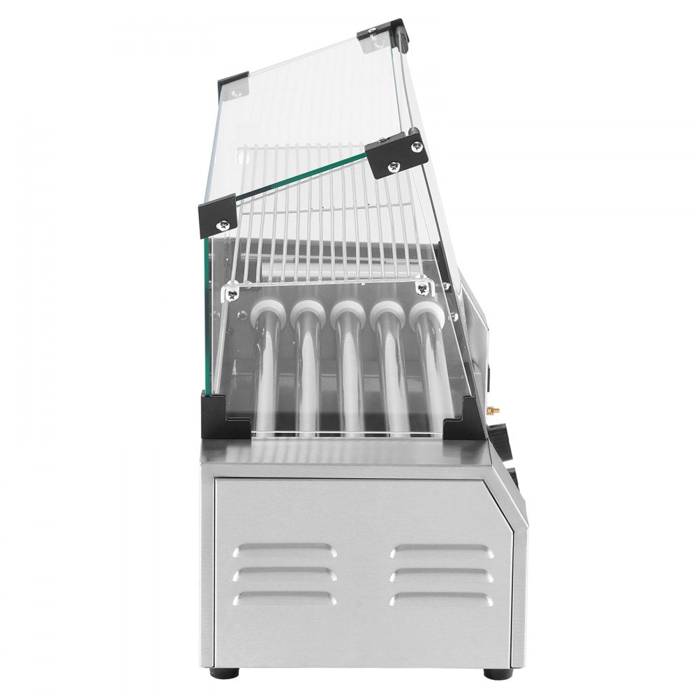 VEVOR Hot Dog Roller, 12 Hot Dog 5 Rollers, Stainless Steel Sausage Grill Cooker, 750W Commercial Hot Dog Machine with Dual Temp Control, Cover, Side Storage Box, Removable Shelf & Oil Drip Tray