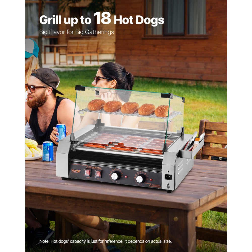 VEVOR Hot Dog Roller, 18 Hot Dog 7 Rollers, Stainless Steel Sausage Grill Cooker, 1050W Commercial Hot Dog Machine with Dual Temp Control, Cover, Side Storage Box, Removable Shelf & Oil Drip Tray
