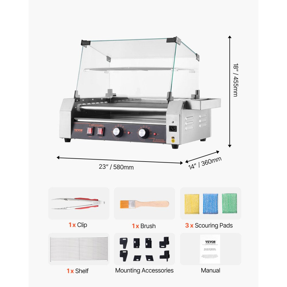VEVOR Hot Dog Roller, 18 Hot Dog 7 Rollers, Stainless Steel Sausage Grill Cooker, 1050W Commercial Hot Dog Machine with Dual Temp Control, Cover, Side Storage Box, Removable Shelf & Oil Drip Tray