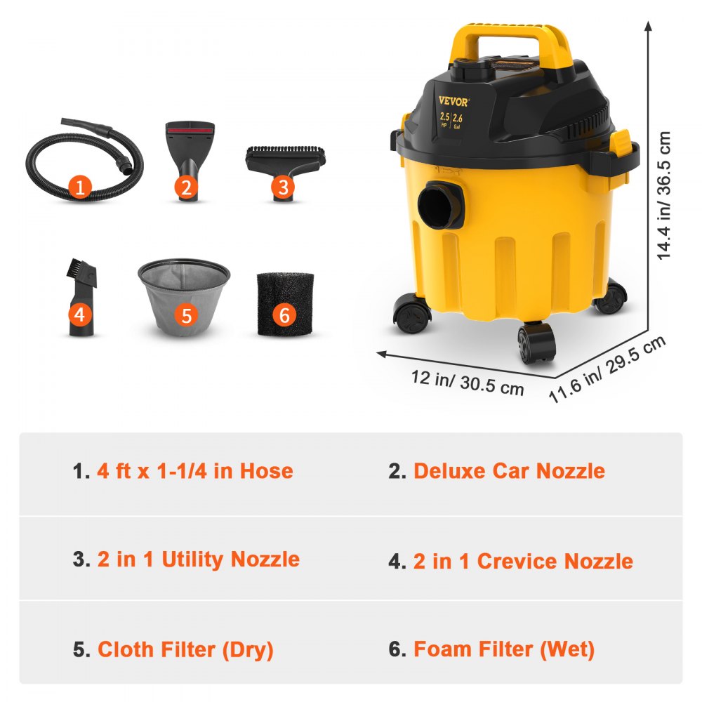 VEVOR Wet Dry Vac, 2.6 Gallon, 2.5 Peak HP, 3 in 1 Portable Shop Vacuum with Blowing Function, Attachments Storage, Perfect for Cleaning Floor, Upholstery, Gap, Car, Black/Yellow, ETL Listed