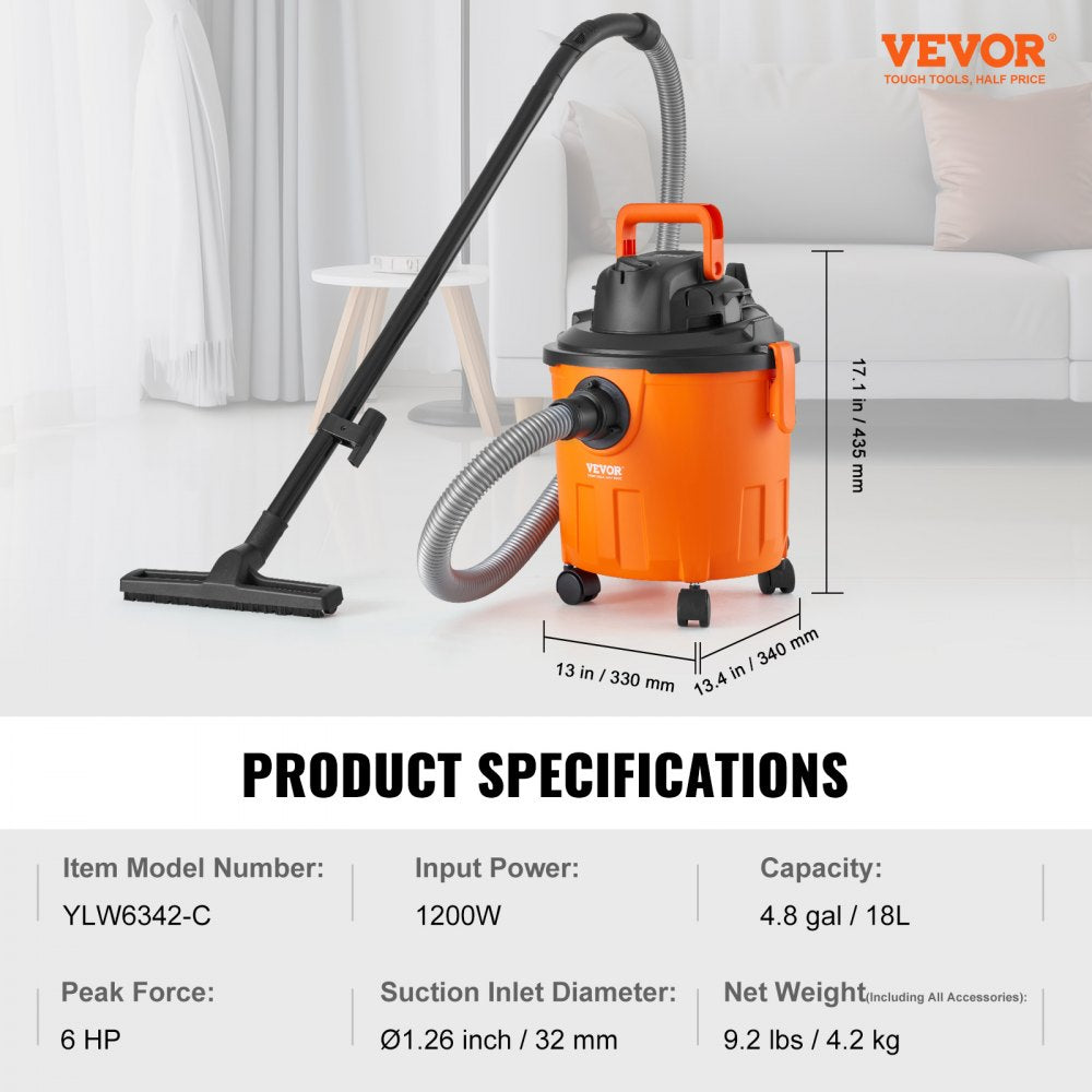 VEVOR Shop Vacuum Wet And Dry, 5 Gallon 6 Peak HP Wet/Dry Vac, Powerful Suction with Blower Function with Attachments 2-in-1 Crevice Nozzle, Small Shop Vac Perfect for Carpet Debris, Pet Hair, Car
