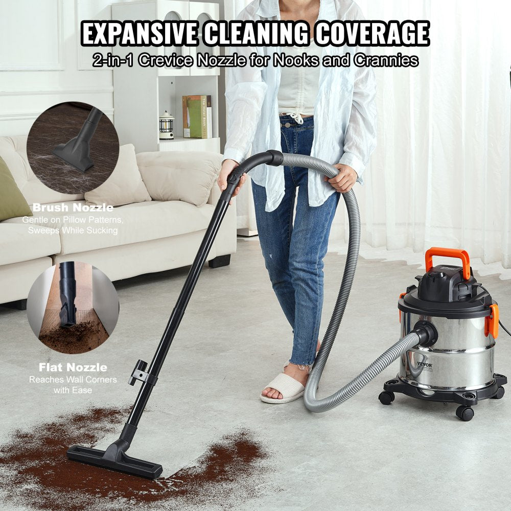 VEVOR Stainless Steel Wet Dry Shop Vacuum, 5.5 Gallon 6 Peak HP Wet/Dry Vac, Powerful Suction with Blower Function w/ Attachment 2-in-1 Crevice Nozzle, Small Vac Perfect for Carpet Debris, Pet Hair