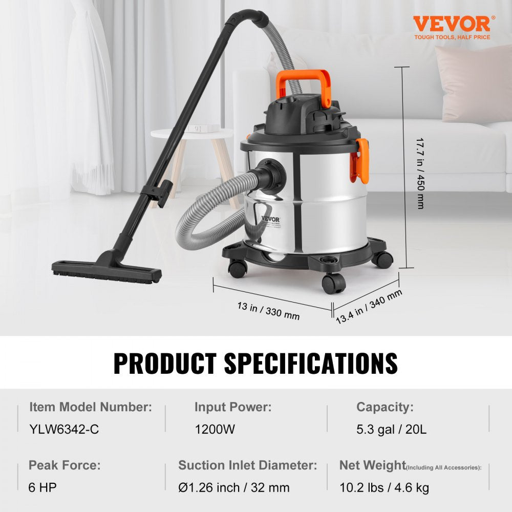 VEVOR Stainless Steel Wet Dry Shop Vacuum, 5.5 Gallon 6 Peak HP Wet/Dry Vac, Powerful Suction with Blower Function w/ Attachment 2-in-1 Crevice Nozzle, Small Vac Perfect for Carpet Debris, Pet Hair