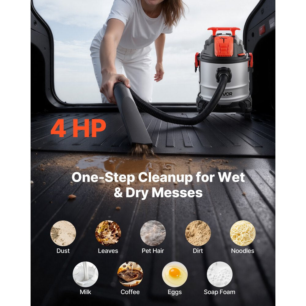 VEVOR Shop Vac, 5.8 Gallon Wet Dry Shop Vacuum, 4 Peak HP with One-Button Self-Cleaning, Dual-Filter, 900W Input Power, 1.25in x 7ft Hose, 9.8ft Cord, Metal Tank for Jobsite, Workshop, Garage, Home