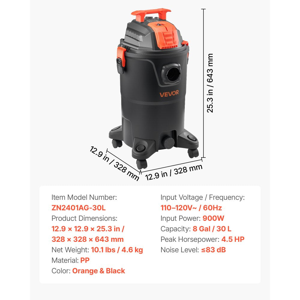 VEVOR Shop Vac, 8 Gallon Wet Dry Shop Vacuum, 4.5 Peak HP Portable with One-Button Self-Cleaning, Dual-Filter, 900W Input Power, 1.25in x 7ft Hose, 9.8ft Cord for Jobsite, Workshop, Garage, Home