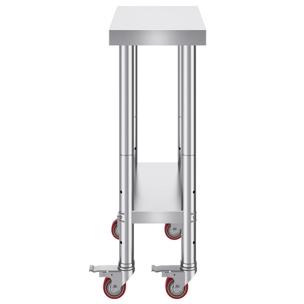 VEVOR Stainless Steel Work Table 12 x 24 x 34 Inch, 700 LBS Load Capacity with 4 Wheels, 3 Adjustable Height Levels, Heavy Duty Food Prep Worktable for Commercial Kitchen Restaurant, Silver