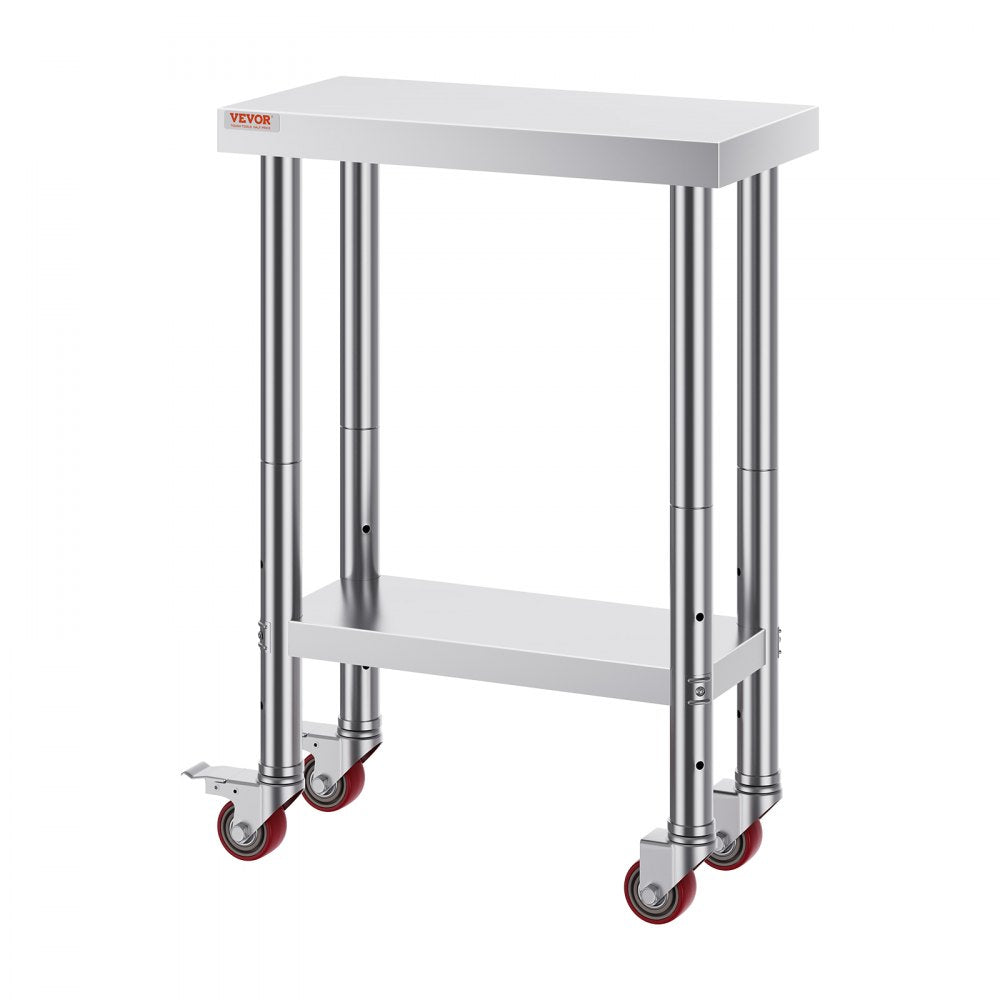 VEVOR Stainless Steel Work Table 12 x 24 x 34 Inch, 700 LBS Load Capacity with 4 Wheels, 3 Adjustable Height Levels, Heavy Duty Food Prep Worktable for Commercial Kitchen Restaurant, Silver