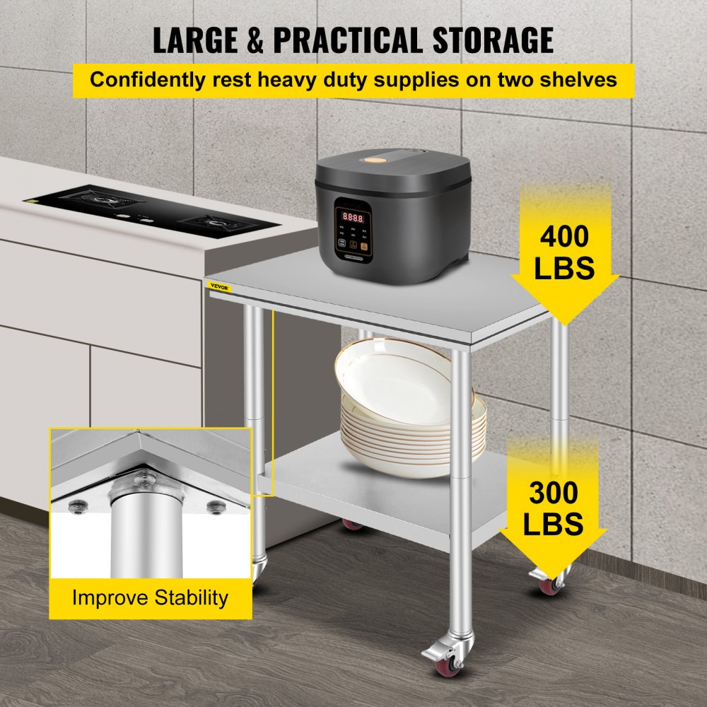 VEVOR Stainless Steel Work Table 30 x 24 x 33 Inch, 700 LBS Load Capacity with 4 Wheels, 3 Adjustable Height Levels, Heavy Duty Food Prep Worktable for Commercial Kitchen Restaurant, Silver