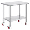VEVOR Stainless Steel Work Table 35 x 24 x 33 Inch, 700 LBS Load Capacity with 4 Wheels, 3 Adjustable Height Levels, Heavy Duty Food Prep Worktable for Commercial Kitchen Restaurant, Silver