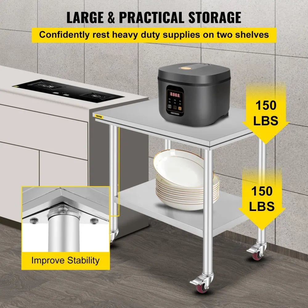 VEVOR Stainless Steel Work Table 35 x 24 x 33 Inch, 700 LBS Load Capacity with 4 Wheels, 3 Adjustable Height Levels, Heavy Duty Food Prep Worktable for Commercial Kitchen Restaurant, Silver