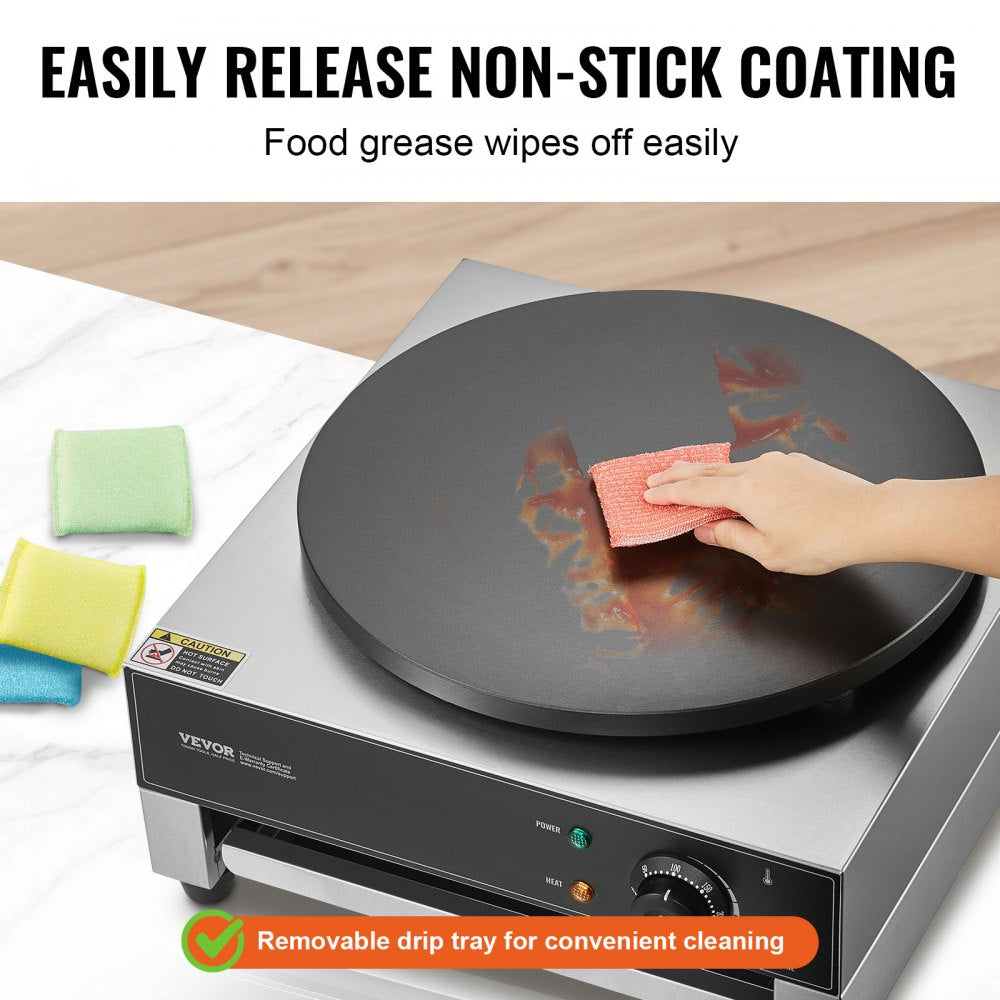 VEVOR Electric Crepe Maker, 16-Inch Commercial Crepe Machine, 1700W Flat Plate Crepe Griddle, Nonstick Stainless Steel Pancake Making Machine, Desktop Circular Cereals Pancake Stove with Temp Control