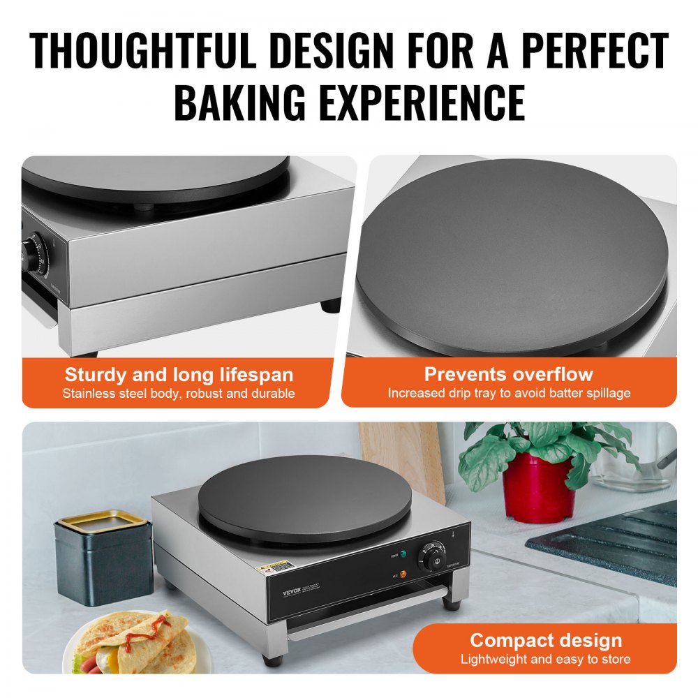 VEVOR Electric Crepe Maker, 16-Inch Commercial Crepe Machine, 1700W Flat Plate Crepe Griddle, Nonstick Stainless Steel Pancake Making Machine, Desktop Circular Cereals Pancake Stove with Temp Control