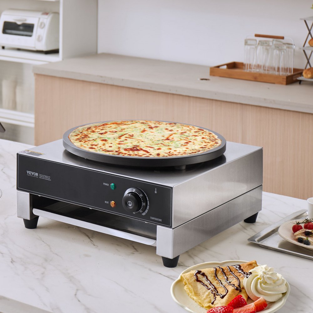 VEVOR Electric Crepe Maker, 16-Inch Commercial Crepe Machine, 1700W Flat Plate Crepe Griddle, Nonstick Stainless Steel Pancake Making Machine, Desktop Circular Cereals Pancake Stove with Temp Control