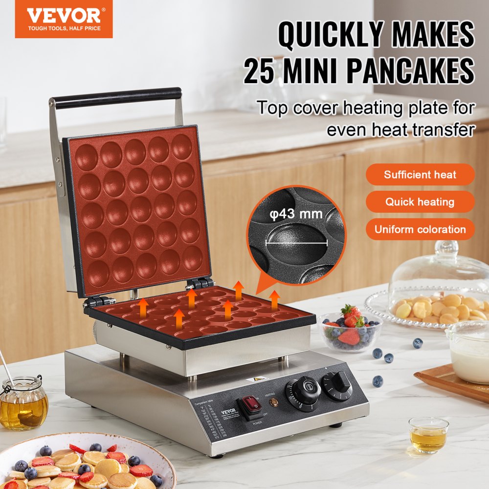 VEVOR Mini Dutch Pancake Maker, 25PCS 43mm Diameter Dorayaki Baker Machine, 1700W Commercial Electric Poffertjes Grill, Non-stick Stainless Steel, Temp & Time Control, for Home Kitchen Restaurant
