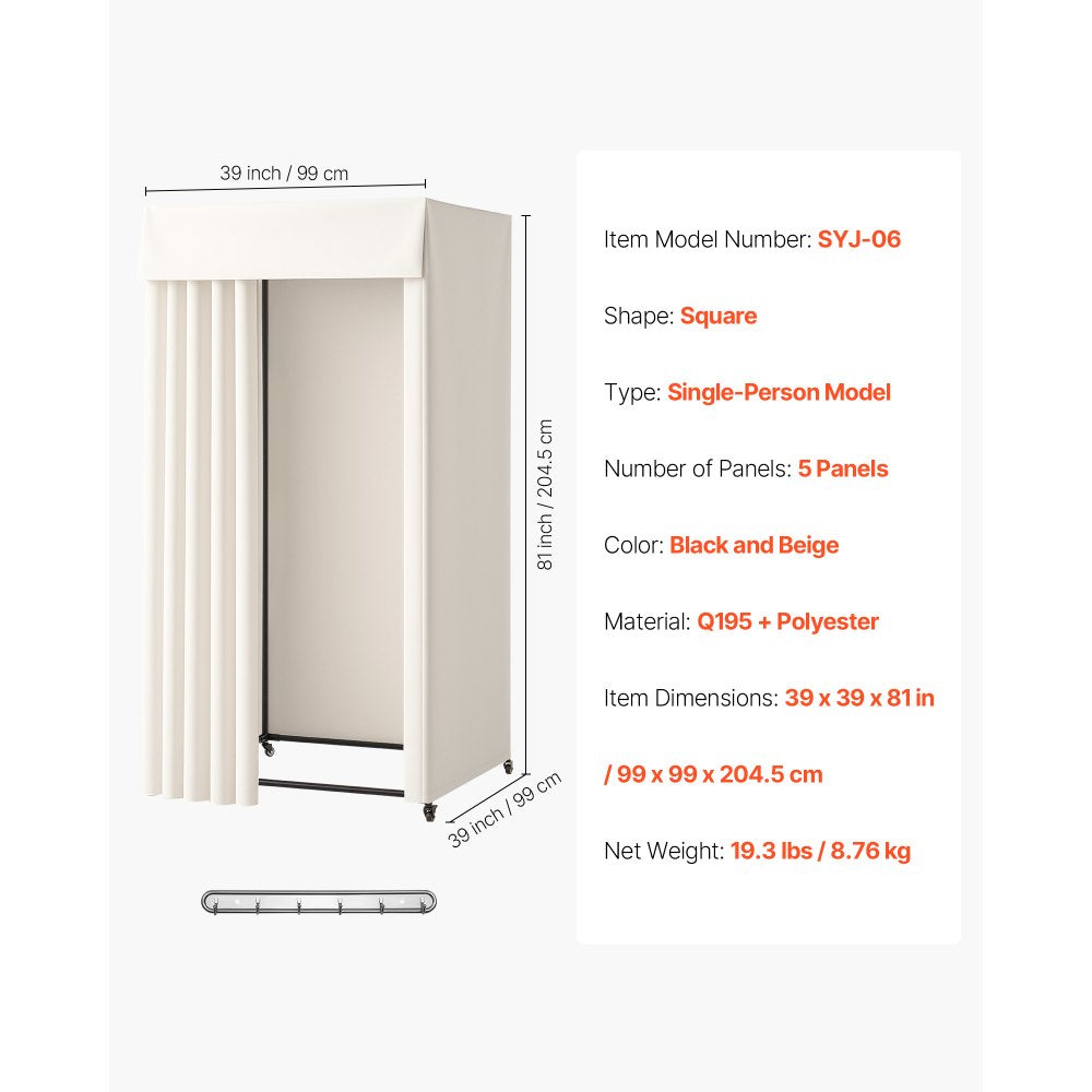 VEVOR Fitting Room, Moveable Dressing Room with Thick Curtains, Privacy Space with Casters and a Sturdy Metal Hook, for Boutique, Mall, Tailor's Store & Outdoor (39 x 39 x 81 in, Black and Beige)