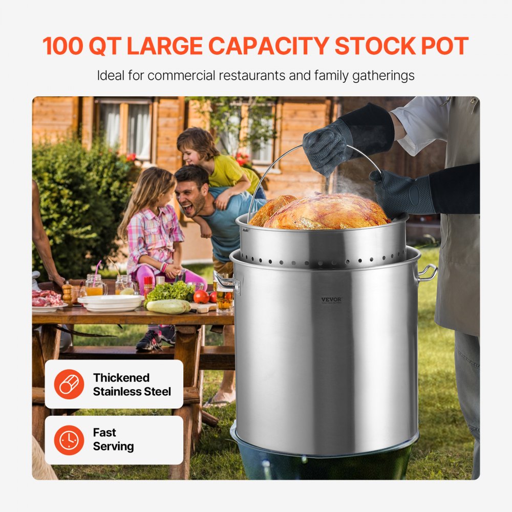 VEVOR Stainless Steel Stockpot, 100 Quart Large Cooking Pots, Cookware Sauce Pot with Basket, Lid, and Handle, Heavy Duty Commercial Grade Stock Pot, Sanding Treatment, for Large Groups Events Silver