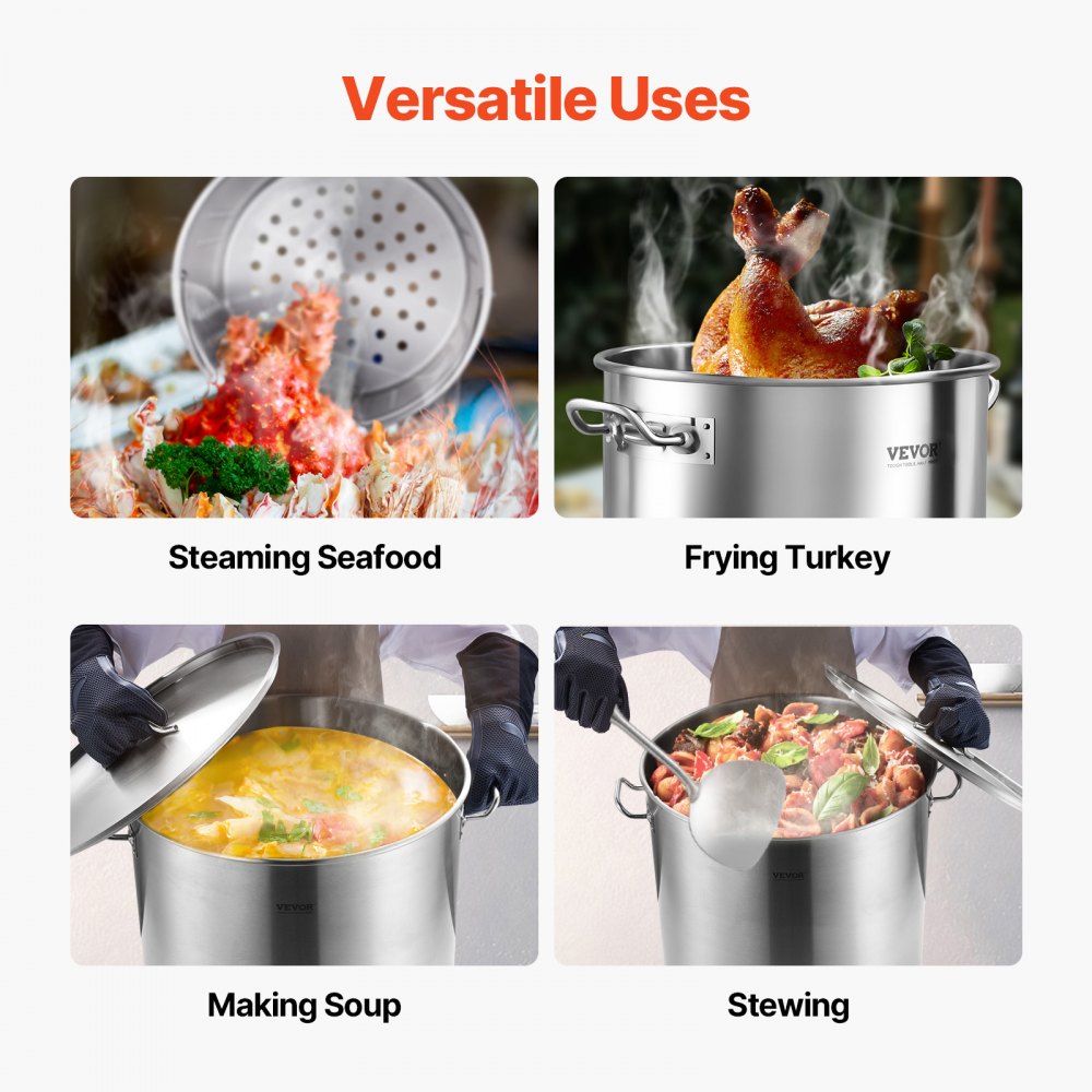 VEVOR Stainless Steel Stockpot, 100 Quart Large Cooking Pots, Cookware Sauce Pot with Basket, Lid, and Handle, Heavy Duty Commercial Grade Stock Pot, Sanding Treatment, for Large Groups Events Silver