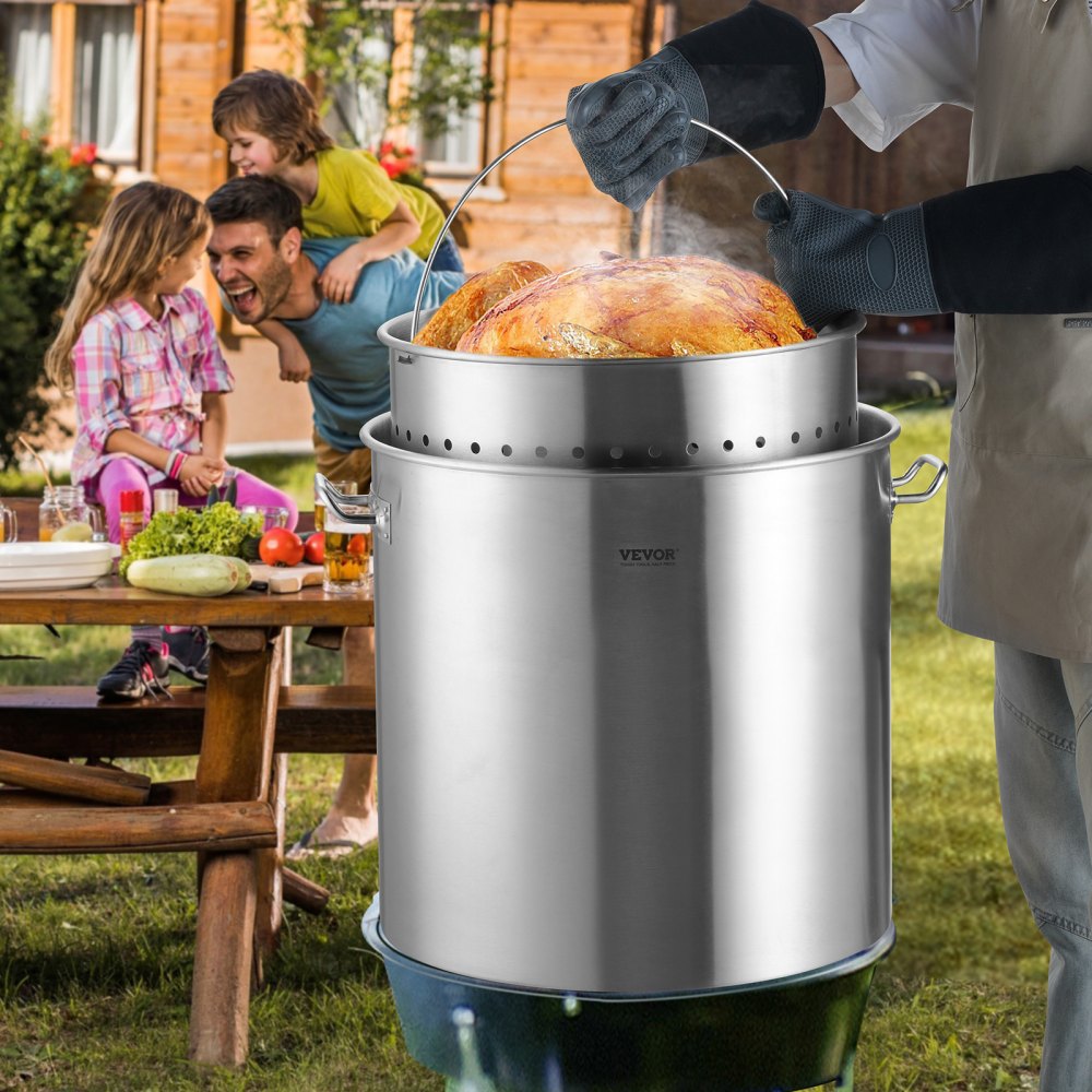 VEVOR Stainless Steel Stockpot, 100 Quart Large Cooking Pots, Cookware Sauce Pot with Basket, Lid, and Handle, Heavy Duty Commercial Grade Stock Pot, Sanding Treatment, for Large Groups Events Silver