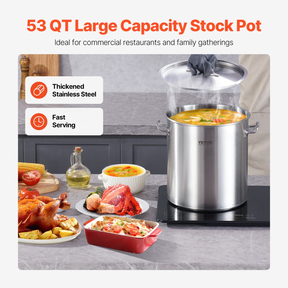 VEVOR Stainless Steel Stockpot, 53 Quart Large Cooking Pots, Cookware Sauce Pot with Lid, and Handle, Heavy Duty Commercial Grade Stock Pot, Sanding Treatment, for Large Groups Events Silver