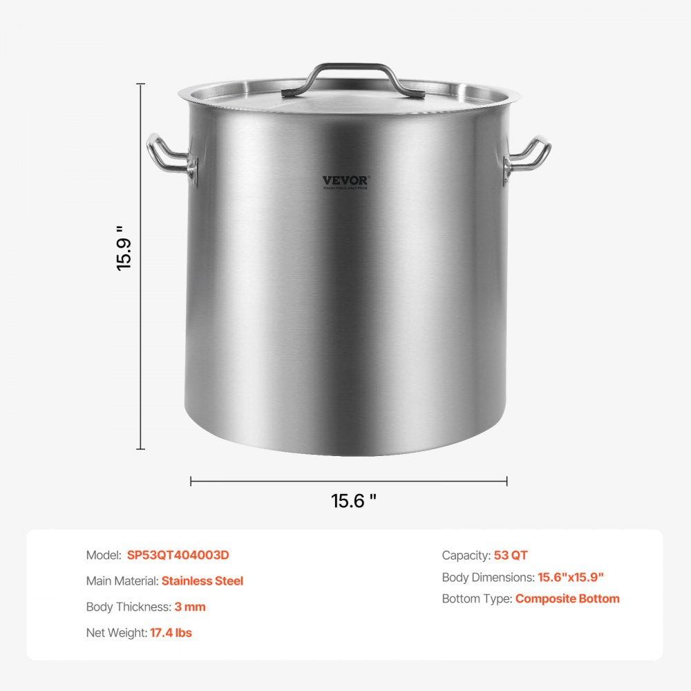 VEVOR Stainless Steel Stockpot, 53 Quart Large Cooking Pots, Cookware Sauce Pot with Lid, and Handle, Heavy Duty Commercial Grade Stock Pot, Sanding Treatment, for Large Groups Events Silver