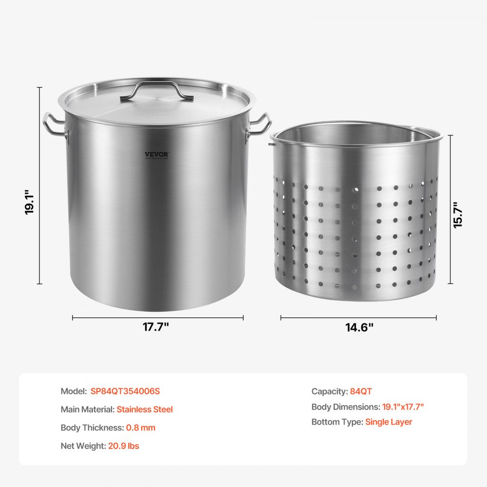 VEVOR Stainless Steel Stockpot, 84 Quart Large Cooking Pots, Cookware Sauce Pot with Basket, Lid, and Handle, Heavy Duty Commercial Grade Stock Pot, Sanding Treatment, for Large Groups Events Silver