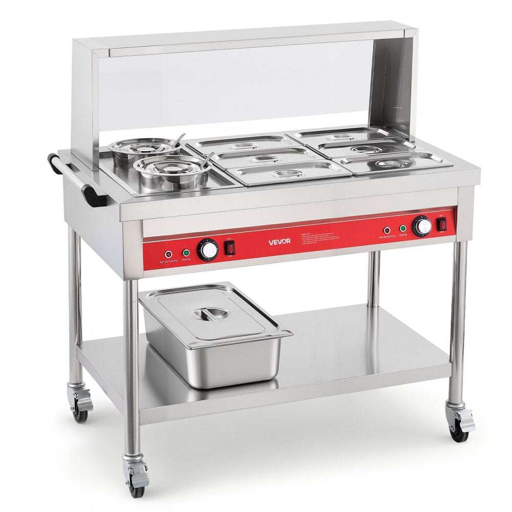 VEVOR Commercial Food Warmer 6 Pans + 2 Pots Electric Steam Table 1400W, for Buffet Restaurant Catering, SUS Server with Additional 1/1 Pan, Independent Temp Control, Acrylic Cover, and Undershelf