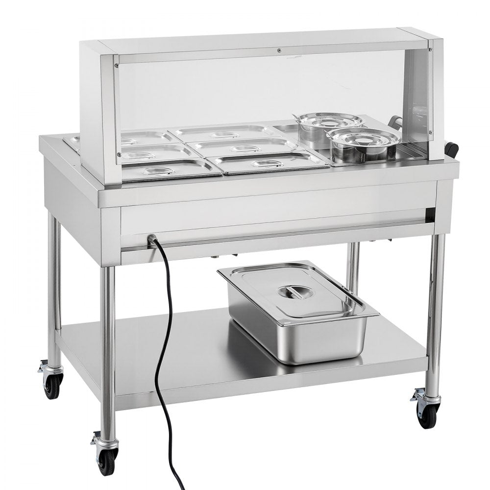 VEVOR Commercial Food Warmer 6 Pans + 2 Pots Electric Steam Table 1400W, for Buffet Restaurant Catering, SUS Server with Additional 1/1 Pan, Independent Temp Control, Acrylic Cover, and Undershelf