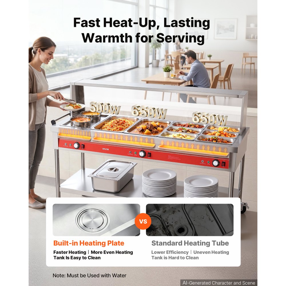 VEVOR Commercial Food Warmer 8 Pans + 2 Pots Electric Steam Table 1800W, for Buffet Restaurant Catering, SUS Server with Additional 1/1 Pan, Independent Temp Control, Acrylic Cover, and Undershelf