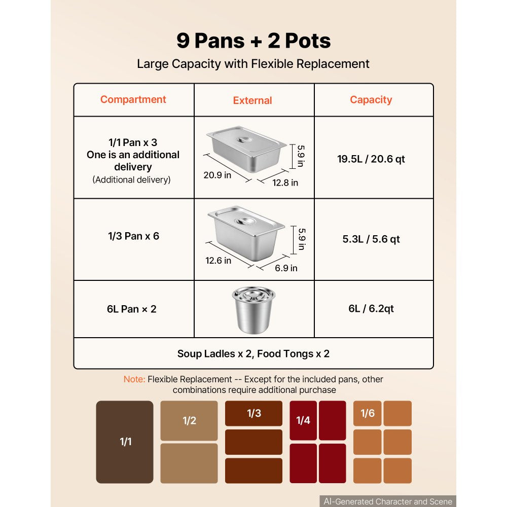 VEVOR Commercial Food Warmer 8 Pans + 2 Pots Electric Steam Table 1800W, for Buffet Restaurant Catering, SUS Server with Additional 1/1 Pan, Independent Temp Control, Acrylic Cover, and Undershelf