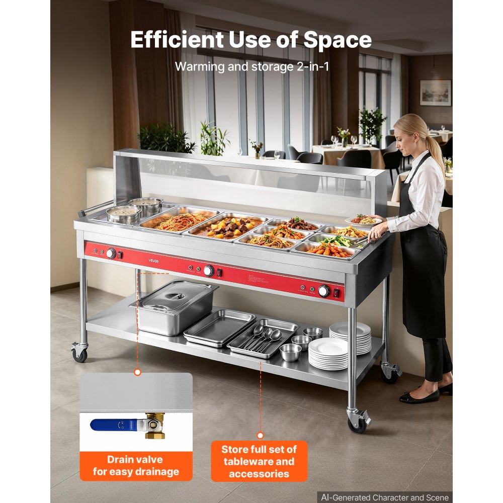 VEVOR Commercial Food Warmer 8 Pans + 2 Pots Electric Steam Table 1800W, for Buffet Restaurant Catering, SUS Server with Additional 1/1 Pan, Independent Temp Control, Acrylic Cover, and Undershelf